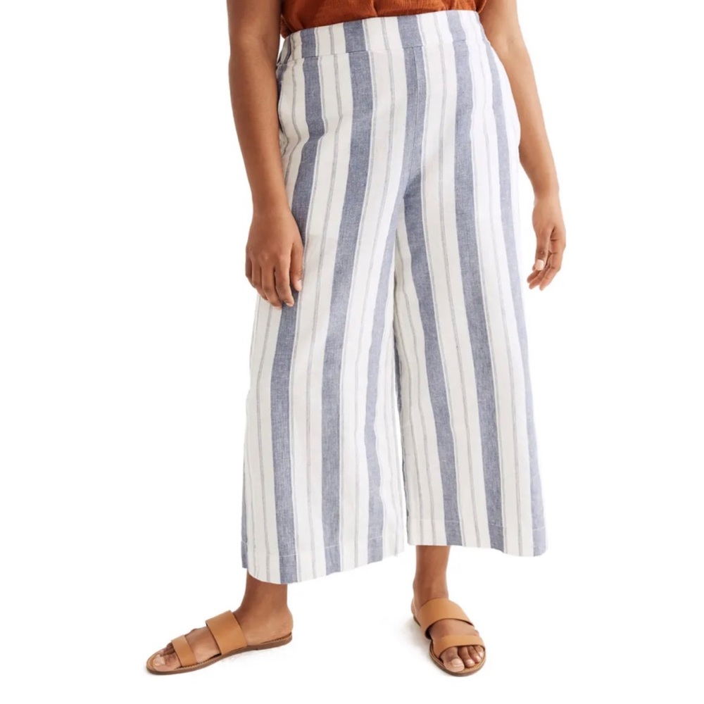 Madewell Huston Stripe Linen & Viscose White Blue Pull On Crop Pants Siz…